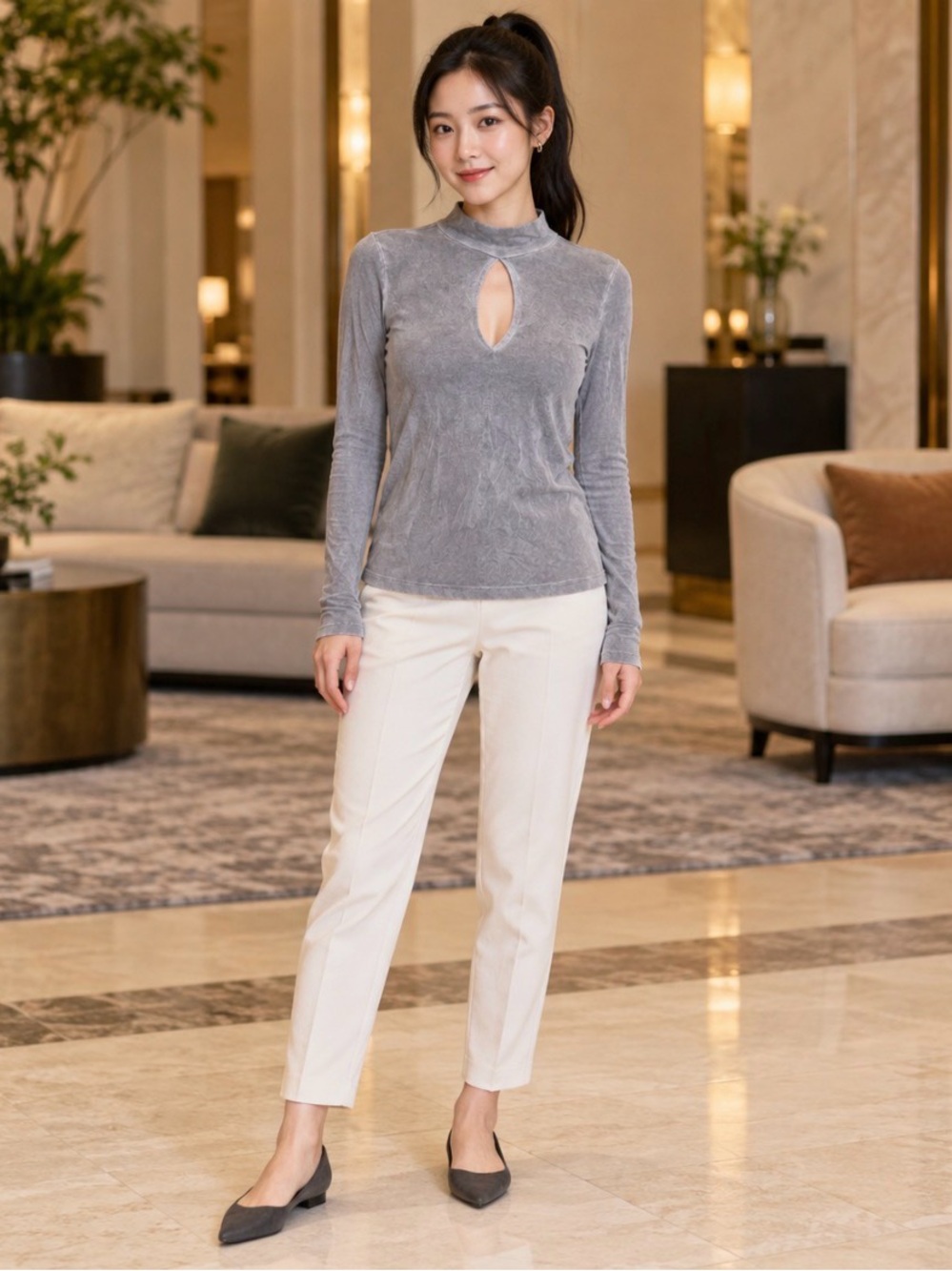 American Eagle Soft & Sexy Keyhole Top Grey Mock Neck Long Sleeve